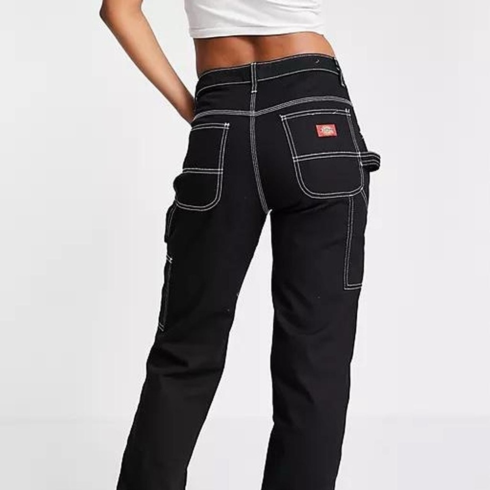 dickies black straight leg cargos white threaded